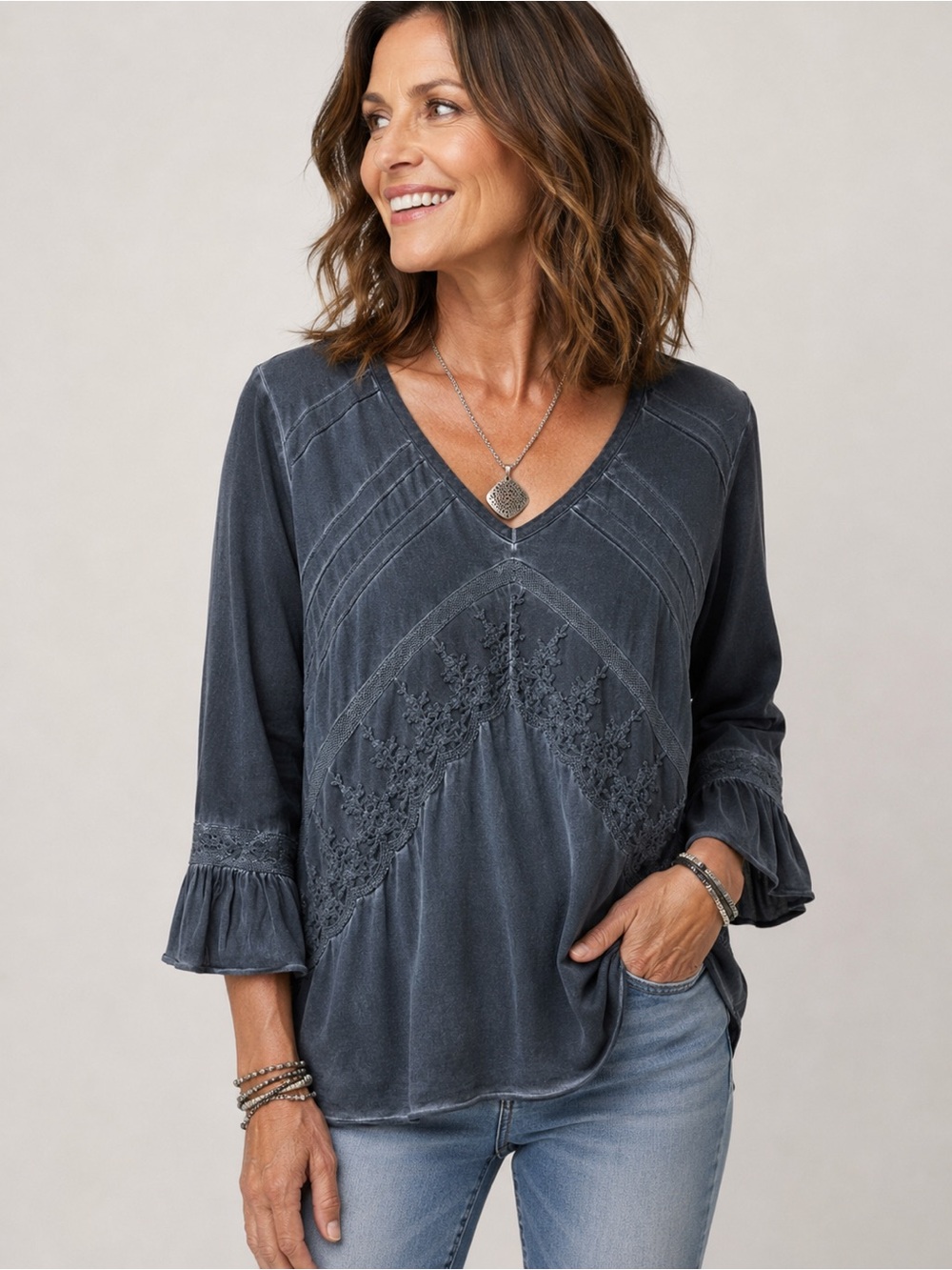 Parsley & Sage - Slate Blue V-Neck Lace Chevron Tunic - SzS